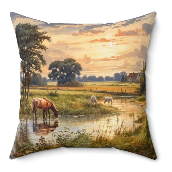 Country Horses Pillow | Two sides with two watercolor-style country landscapes  | Equestrian farmhouse throw cushion | Gift for horse lovers