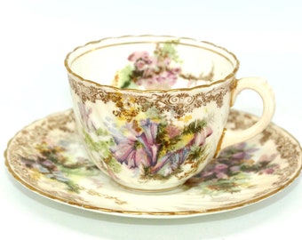 Prettiest Hand Coloured Doulton Burslem Fluted Teacup and Saucer c.1896