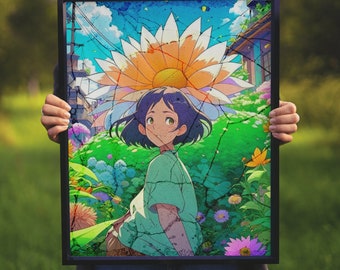 Puede incluir: Una ilustración enmarcada de una joven con el pelo corto y oscuro de pie en un campo de flores. Lleva una camisa verde y una gran flor está por encima de su cabeza. El fondo es un diseño abstracto colorido.