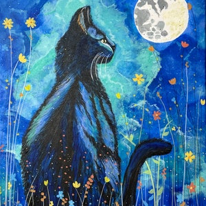 May include: A painting of a black cat sitting in a field of small yellow, orange, and blue flowers under a night sky. A large, textured full moon glows in the upper right corner against a backdrop of swirling blue and teal clouds and stars.