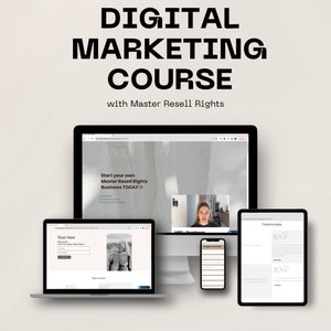 Könnte beinhalten: Ein digitaler Marketingkurs mit Master-Wiederverkaufsrechten. Das Bild zeigt einen Laptop, ein Tablet und ein Telefon, auf denen die Kurswebsite und Testimonials angezeigt werden. Die Website zeigt eine Frau in einem Video und Text, der "Start your own Master Resell Rights Business TODAY!!" lautet.