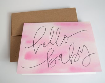 Hello Baby Pink Watercolor Card, Welcome Baby Card, New Baby Card, Welcome Little One Card, Sweet Baby Card, Pink Watercolor Baby Card