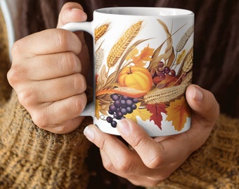 Thanksgiving Harvest Coffee Mug, Fall Cornucopia Mug Gift, Autumn Harvest Cozy Home Decor Gift, Family Thanksgiving Fall Leaf Gift for Mom