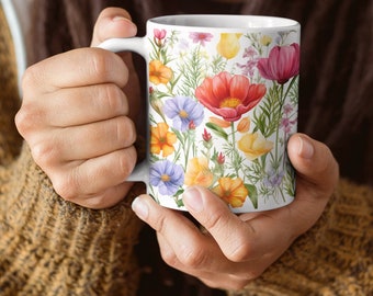 Wildflower Print Coffee Mug, Cute Wildflower Mug Gift, Beautiful Wildflower 11 oz Ceramic Tea Mug, Beautiful Watercolor Wildflowers Gift Mug