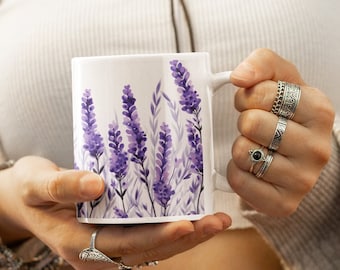 Lavender Coffee Mug Floral Great Grandma Gift Cottagecore Mug Dried Lavender Pressed Flowers Mug Watercolor Lavender Bouquet Flower Gift Mug