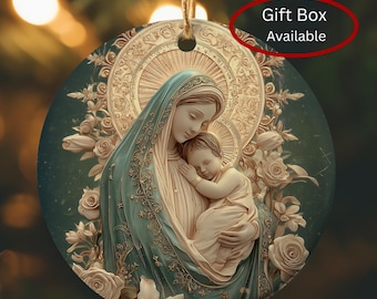 Our Lady of Joy Catholic Christmas Ornament, Ceramic Christian Ornament Bundle Mom Gift, Madonna & Child Relief Style Catholic Ornament Gift