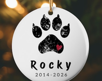 Personalized Pet Memorial Ornament, Dog or Cat Loss Gift, Custom Pet Remembrance Ceramic Christmas Ornament, Paw Print Sympathy Keepsake