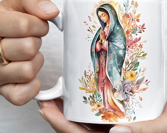 Our Lady of Guadalupe Watercolor Floral Mug, Catholic Teacher Mug Gift, Catholic Christmas Gift Mug, Blessed Virgin Mary Orthodox Icon Gift