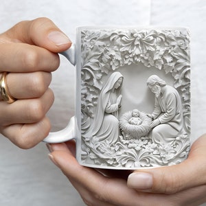 Nativity Christmas Gift Mug, Catholic Teacher Mug Gift, 3D Style Holy Family Mug, Blessed Virgin Mary, Baby Jesus, St. Joseph, Mentor Gift
