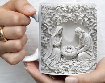 Kubek z motywem Narodzenia Pańskiego, prezent dla nauczyciela katolickiego, kubek Świętej Rodziny w stylu 3D, Najświętsza Maryja Panna, Dzieciątko Jezus, św. Józef, prezent dla mentora