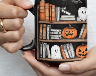 Uroczy kubek na kawę z półką na książki na Halloween, 11 uncji i 15 uncji świąteczny ceramiczny kubek na Halloween, kubek na kawę na Halloween, zabawny, uroczy jesienny wystrój domu na Halloween