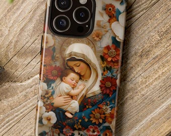 Jungfru Maria och Jesusbarnet blommig trädgårdstelefonskal, katolskt telefonskal, Madonna och barnskal för iPhone, Google Pixel och Samsung Galaxy