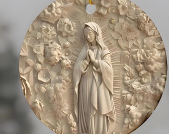 Virgin Mary Floral Ornament Bundles, Elegant Ivory Style Catholic Christmas Ornament Bundle, Our Lady of Guadalupe Blessed Virgin Mary Gifts
