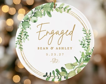 Personalized Engagement Ceramic Ornament, Newly Engaged Couple Christmas Ornament, Custom Engagement Gift, Gold Fiancé Couples Keepsake Gift