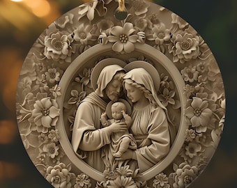 Holy Family Floral Ceramic Ornaments, Jesus, Mary, Joseph, Elegant Ivory Style Catholic Christmas Ornament Bundle, Holy Family Tree Gift