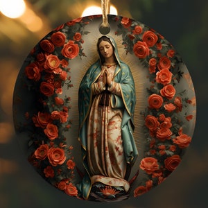 Adorno de cerámica con rosas de Nuestra Señora de Guadalupe, adorno de la Santísima Virgen María, paquete de regalo de adornos navideños católicos, adorno católico