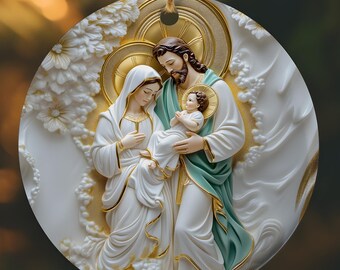 Holy Family Heavenly Ceramic Ornament, Jesus, Mary, Joseph, Elegant 3D Style Catholic Christmas Ornament Bundle Gift Nativity Scene Ornament