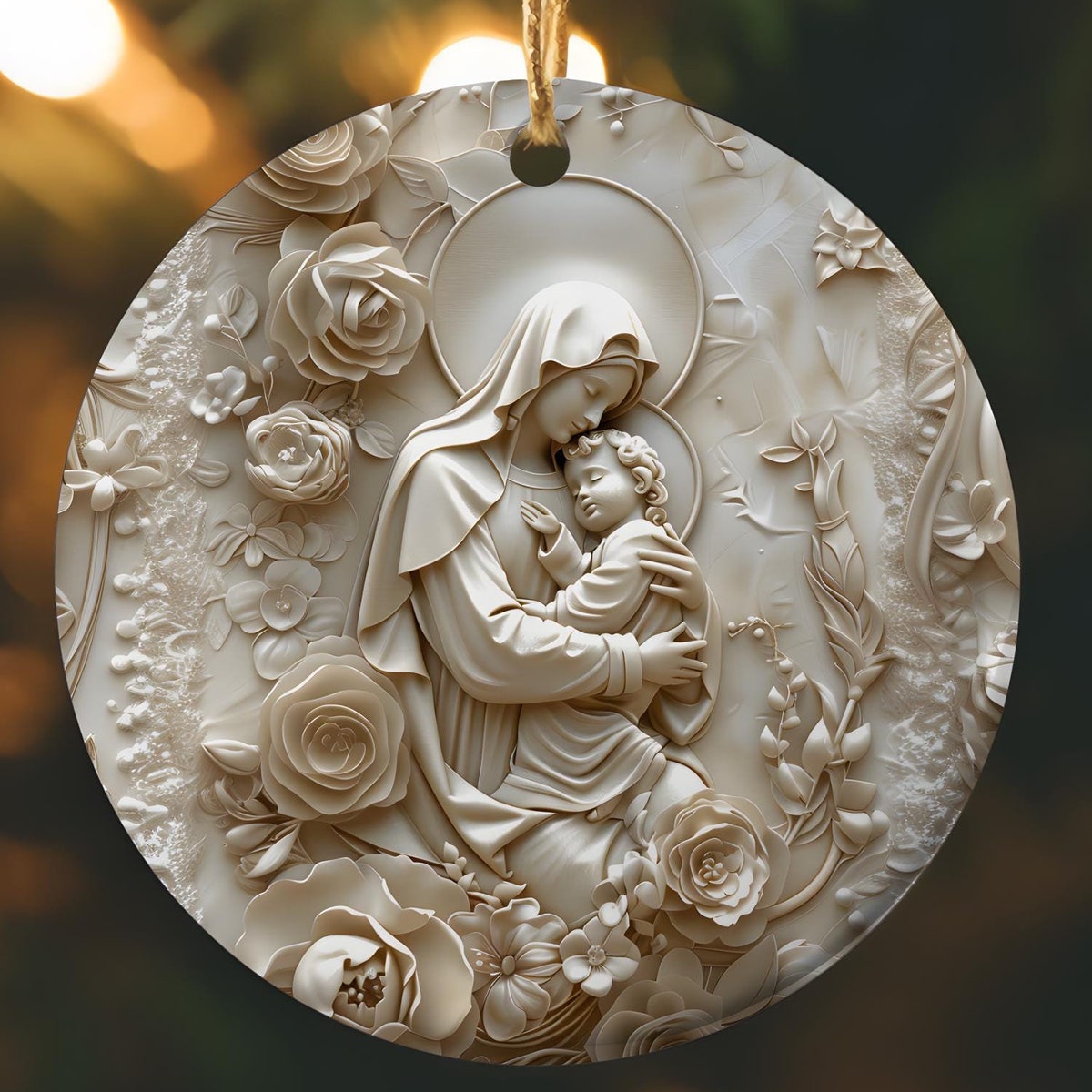 Virgin Mary and Sleeping Baby Jesus Floral Ceramic Ornament Bundle, Madonna and Child Elegant Ivory Style Catholic Christmas Bundle Gift