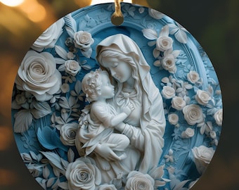 Madonna and Child White Roses Relief Style Ceramic Ornament, Catholic Christmas Ornament Bundle Gift, Blessed Virgin Mary Gift for Priest