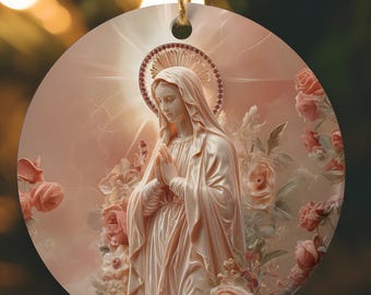 Vår Fru av Segerrosor katolsk julgransprydnad, keramisk kristen ornament bunt mammagåva, jungfru Maria relief stil ornament gåva