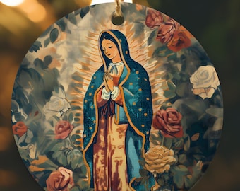 Our Lady of Guadalupe Print Style Catholic Ornament, Ceramic Christian Christmas Ornament Bundle Gift, Virgin Mary Mother's Day Artwork Gift