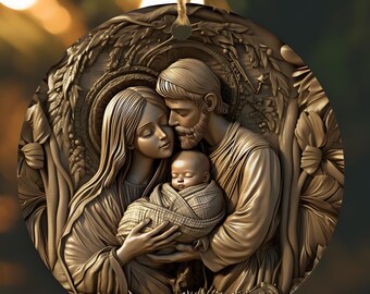 Holy Family Nativity Goodnight Kiss Ceramic Ornament, Jesus, Mary, Joseph, 3D Wood Carving Style Catholic Christmas Nativity Ornament Bundle