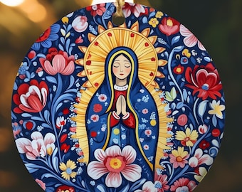 Blessed Virgin Mary Floral Art Ceramic Ornament, Catholic Christmas Ornament Bundle Gift, Our Lady of Guadalupe Ornament Group Bundle Gift