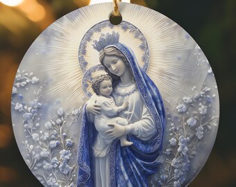 Our Lady of Peace and Baby Jesus Blu Floral Relief Style Catholic Ornament, Christian Nativity Bundle Gift, Madonna and Child Ornament Gift