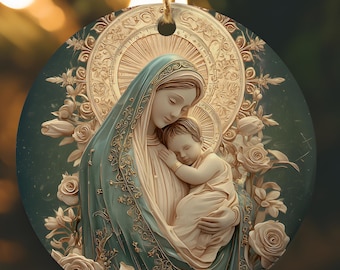 Our Lady of Joy Catholic Christmas Ornament, Ceramic Christian Ornament Bundle Mom Gift, Madonna & Child Relief Style Catholic Ornament Gift