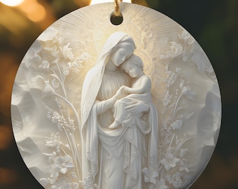 Our Lady of the Rosary and Baby Jesus Relief Style Floral Catholic Ornament, Christian Nativity Bundle Gift, Madonna and Child Ornament Gift