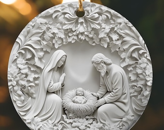 Holy Family Nativity Ivory Floral Ceramic Ornament, Catholic Christmas Ornament Bundle Gift