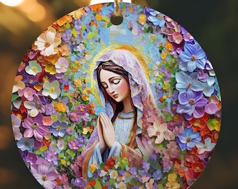 Our Lady of Fatima Ceramic Ornament, Mosaic Floral Catholic Virgin Mary Bundle Mom Gift