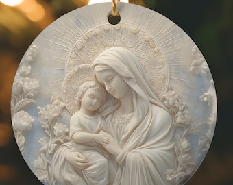 Our Lady of Mercy and Baby Jesus Moonstone Relief Style Catholic Ornament, Christian Nativity Bundle Gift, Madonna and Child Ornament Gift
