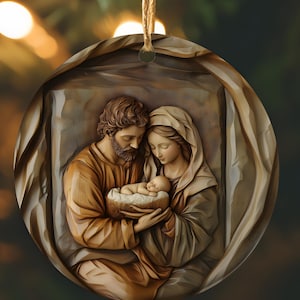 Imagen de la Sagrada Familia tallada en madera, adorno de cerámica para la Natividad, Jesús, María y José, paquete de adornos navideños católicos, regalo de adorno de la Sagrada Familia