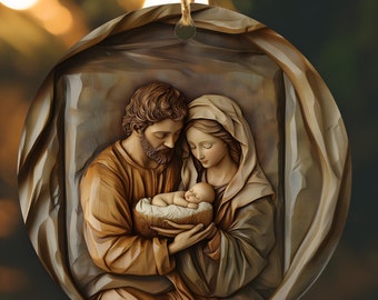 Adorno navideño católico de cerámica de la Sagrada Familia, talla de madera, para el nacimiento de Jesús, María y José.