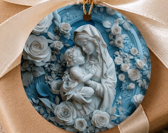 Madonna and Child White Roses Relief Style Ceramic Ornament, Catholic Christmas Ornament Bundle Gift, Blessed Virgin Mary Gift for Priest