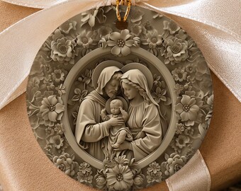 Holy Family Floral Ceramic Ornaments, Jesus, Mary, Joseph, Elegant Ivory Style Catholic Christmas Ornament Bundle, Holy Family Tree Gift