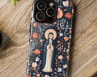 Our Lady of Fatima Cute Floral Catholic Phone Case, Blessed Virgin Mary Tough cover for new iPhone, Google Pixel, and Samsung Galaxy Models