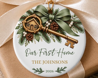 Personalized First Home Christmas Ornament, Custom Family Name Ceramic Ornament, New Home Realtor Closing Key Housewarming Keepsake Gift