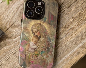 Vintage Floral Madonna and Child Catholic Phone Case, Blessed Virgin Mary and Baby Jesus Tough Case for iPhone, Google Pixel, Samsung Galaxy