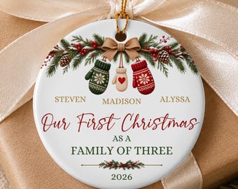 Personalized Family of Three Christmas Ornament, Custom Family Names Ceramic Ornament Gift for New Parents, Baby's First Christmas Keepsake