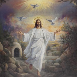 May include: A painting depicting a man in a white robe walking towards the viewer with his arms outstretched. He is surrounded by a bright light and three white doves are flying above him. The background is a landscape with a rocky outcropping and a cave.