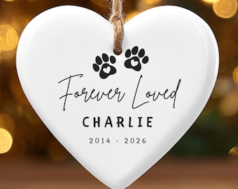 Personalized Pet Memorial Ornament, Forever Loved Dog Cat Memorial Gift, Custom Heart Ceramic Ornament, Pet Loss Sympathy Christmas Keepsake