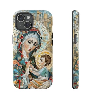 Jungfrau Maria & Baby Jesus Mosaic Tough Phone Case, langlebige katholische Kunstabdeckung für iPhone, Google Pixel und Samsung Galaxy