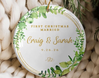 Personalized First Christmas Married Ornament, Newlywed Couple Ceramic Christmas Ornament, Custom Names Wedding Date Keepsake, Wedding Gift