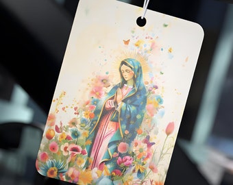 Our Lady of Guadalupe Watercolor Floral Car Air Freshener, Car Scent Diffuser, Religious Gift, Catholic Car Decor