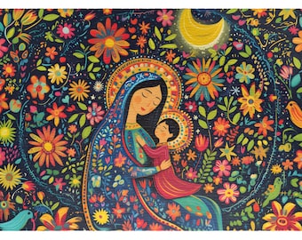 Nuestra Senora Floral Mexican Art Devotional Catholic Puzzle, Madonna and Child Challenging Jigsaw Confirmation Gift- 110, 252, 520, 1014-pc