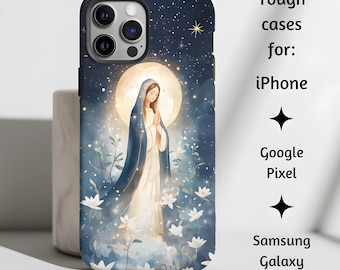 Immaculate Conception Virgin Mary Flowers Catholic Phone Case, Floral Virgin Mary Tough Cover Gift for iPhone, Google Pixel, Samsung Galaxy