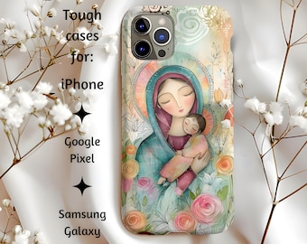 Our Lady of Loving Joy Catholic Phone Case, Vintage Floral Madonna & Child Tough Christian Cover Mom Gift, iPhone, Pixel, Samsung Galaxy