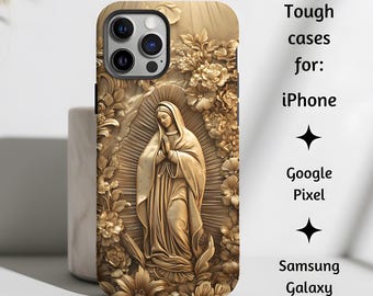 Our Lady of Guadalupe Gold Relief Style Catholic Phone Case, Floral Virgin Mary Tough Cover Gift for iPhone, Google Pixel, & Samsung Galaxy